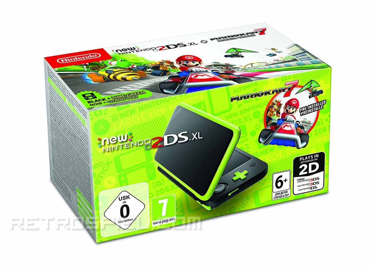 New Nintendo 2DS XL Black + Lime Green, Mario Kart 7 Bundle